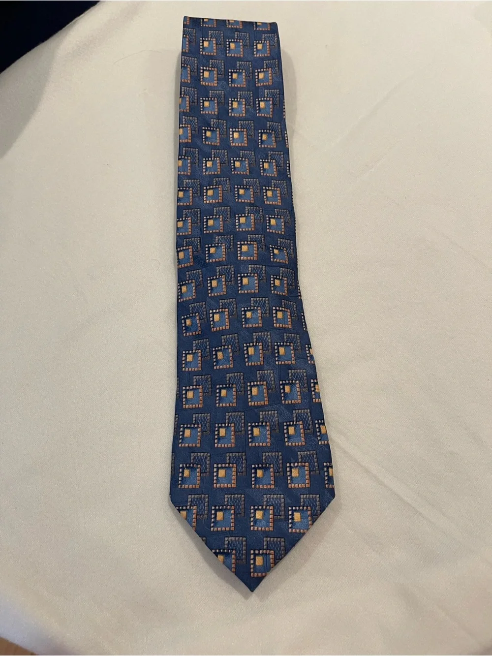 Ermenegildo Zegna Blue Silk Tie with Tan Geometric Squares